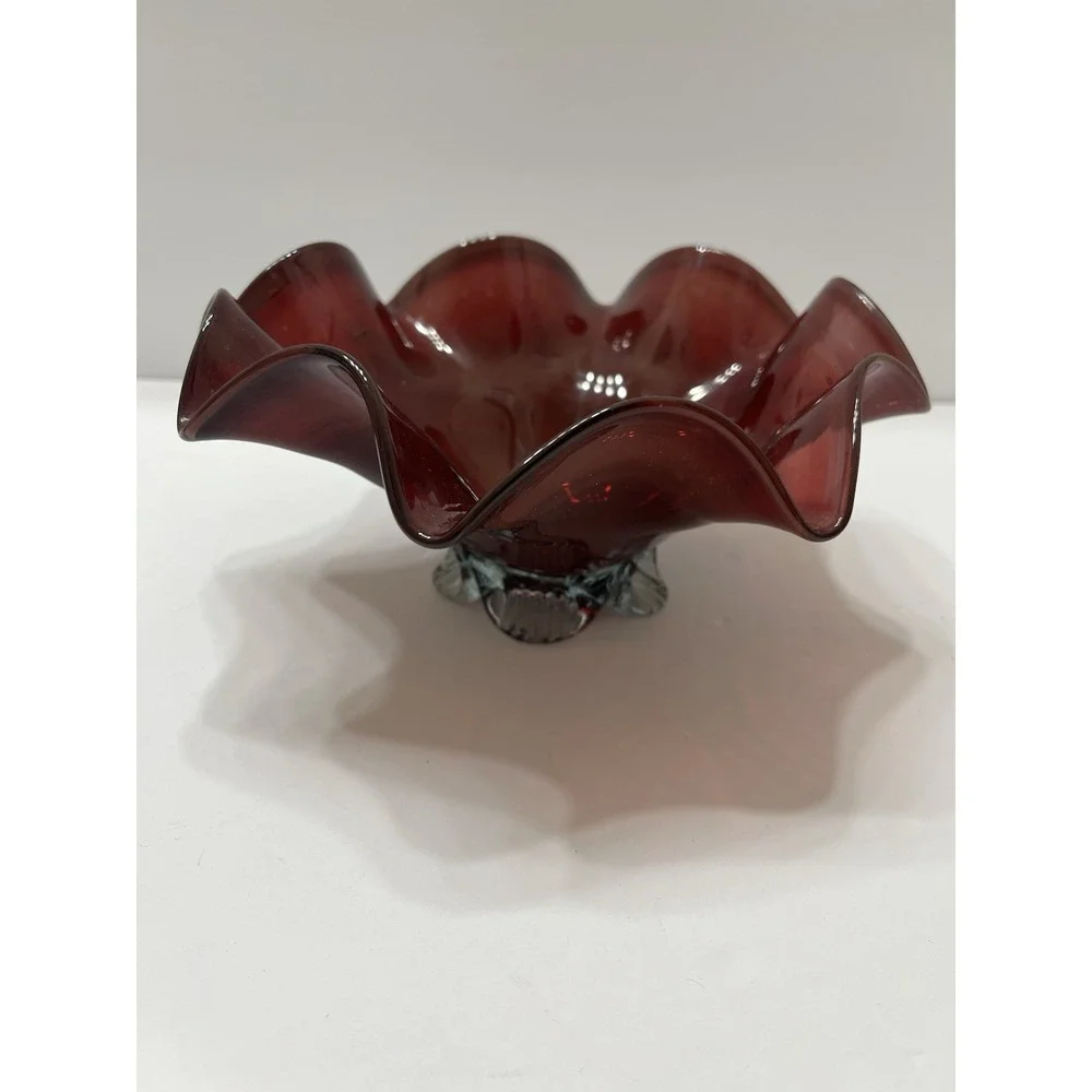 Vintage Art Glass Bowl Hand Blown Ruby Red Ruffle Edge Clear Pedestal  8.75x4